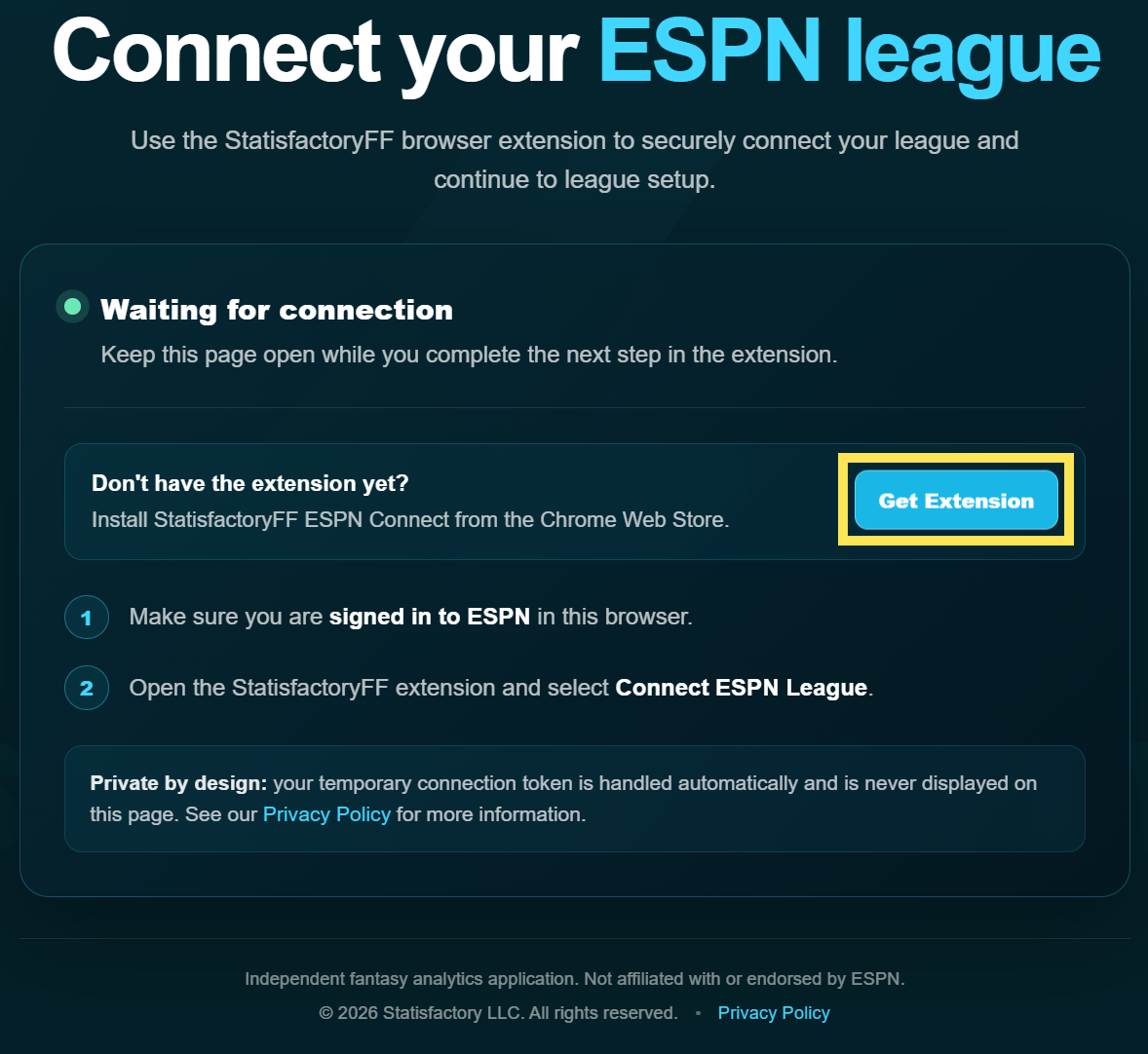StatisfactoryFF ESPN connection page with the Get Extension button highlighted