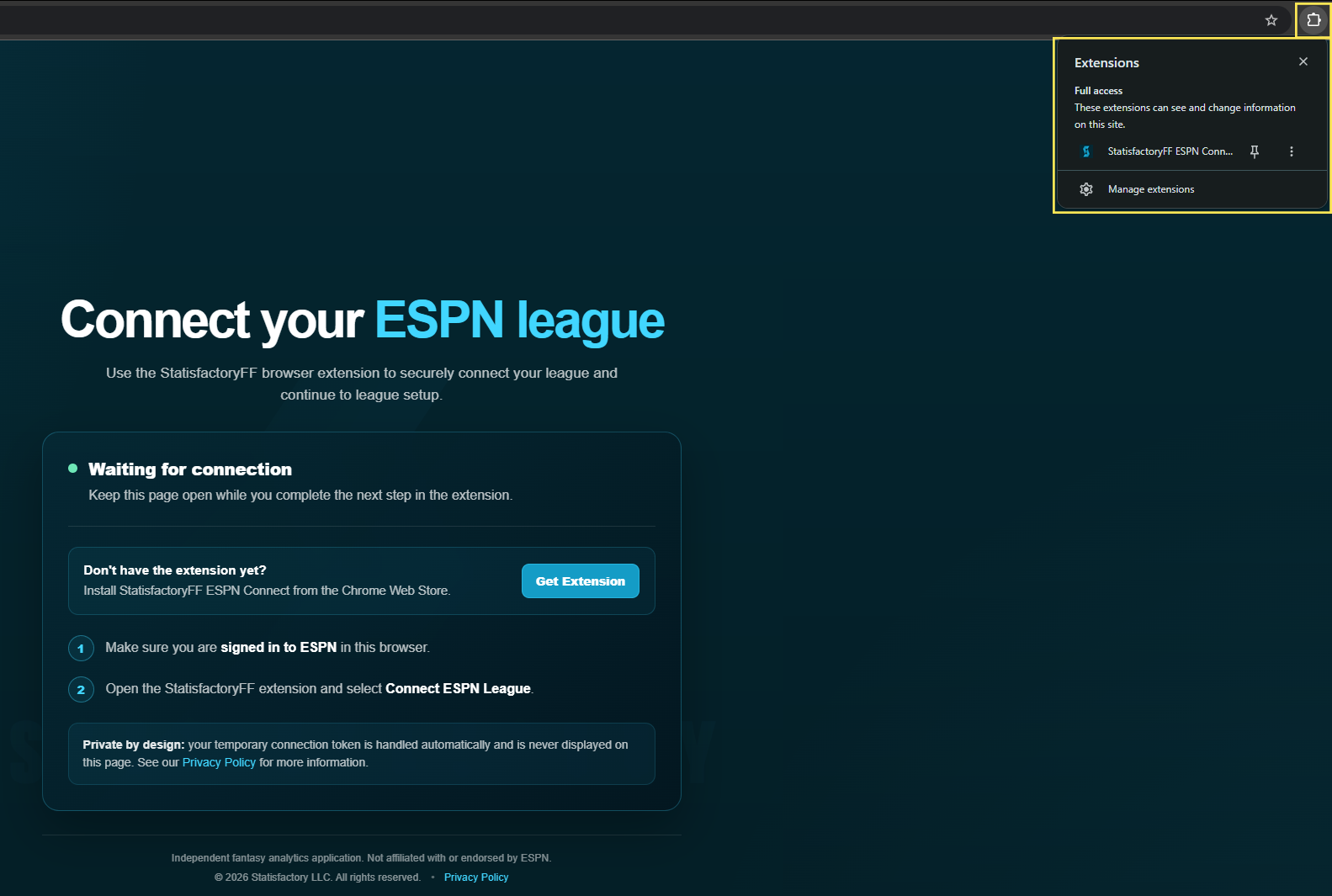 Google Chrome extensions menu showing StatisfactoryFF ESPN Connect