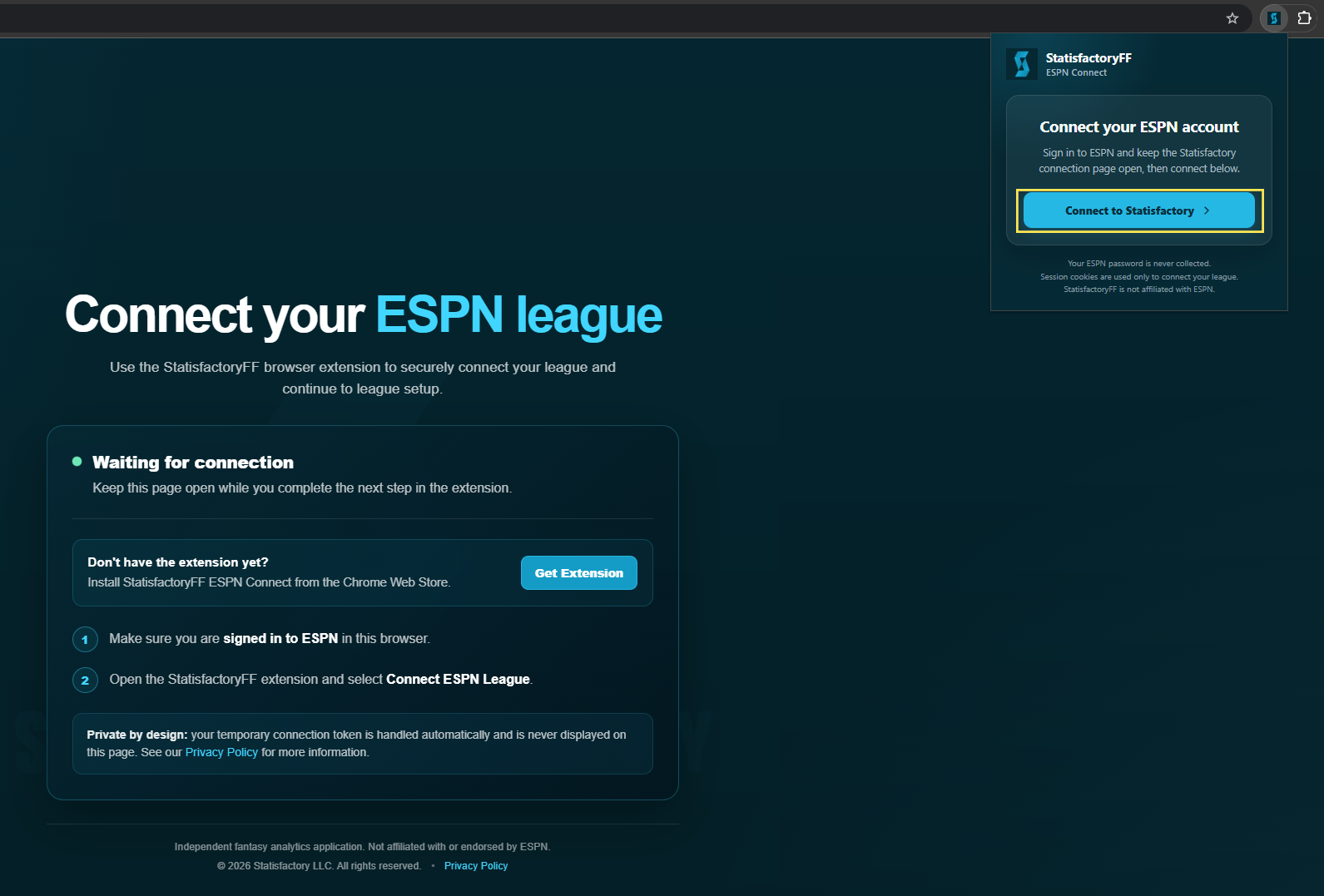 StatisfactoryFF ESPN Connect extension popup with Connect to Statisfactory highlighted