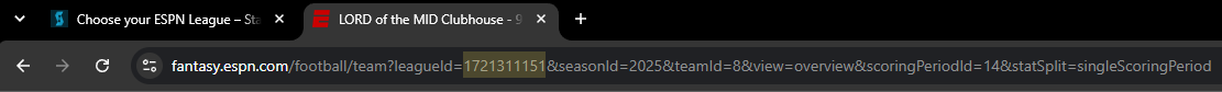 ESPN fantasy football URL with the League ID highlighted after leagueId equals