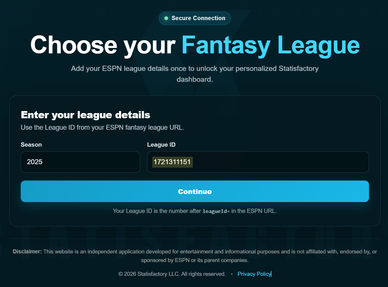 Choose Your Fantasy League page showing the Season and League ID fields